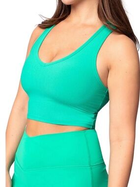 Ribbed V‑Neck Sports Bra — Teal Green